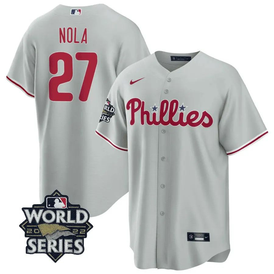 Aaron Nola #27 Philadelphia Phillies Players Cool Base 2022 World Series Patch Limited Jersey - Gray