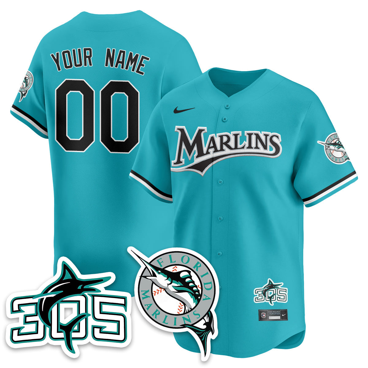Custom Miami Marlins Throwback Jersey Stitched - Teal