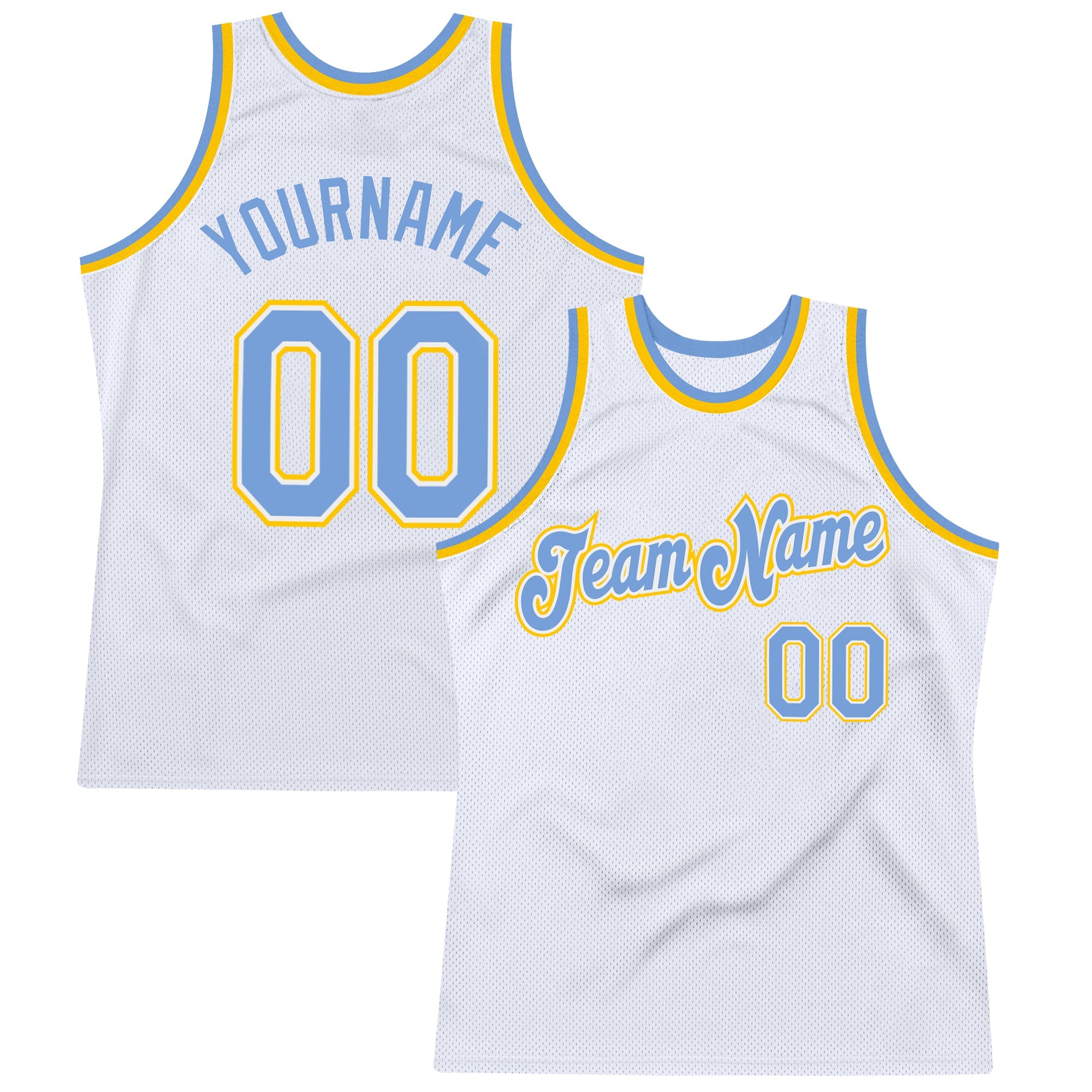 Custom White Light Blue-Gold Throwback Basketball Jersey - Script Team Name