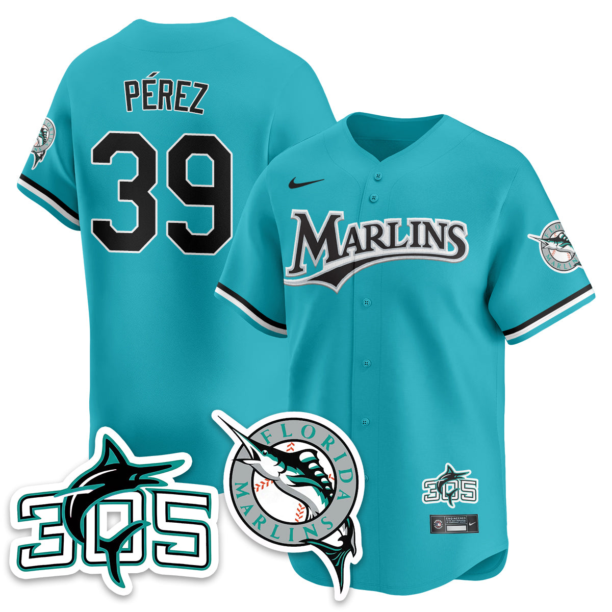 Eury Pérez #39 Miami Marlins Throwback Jersey Stitched - Teal