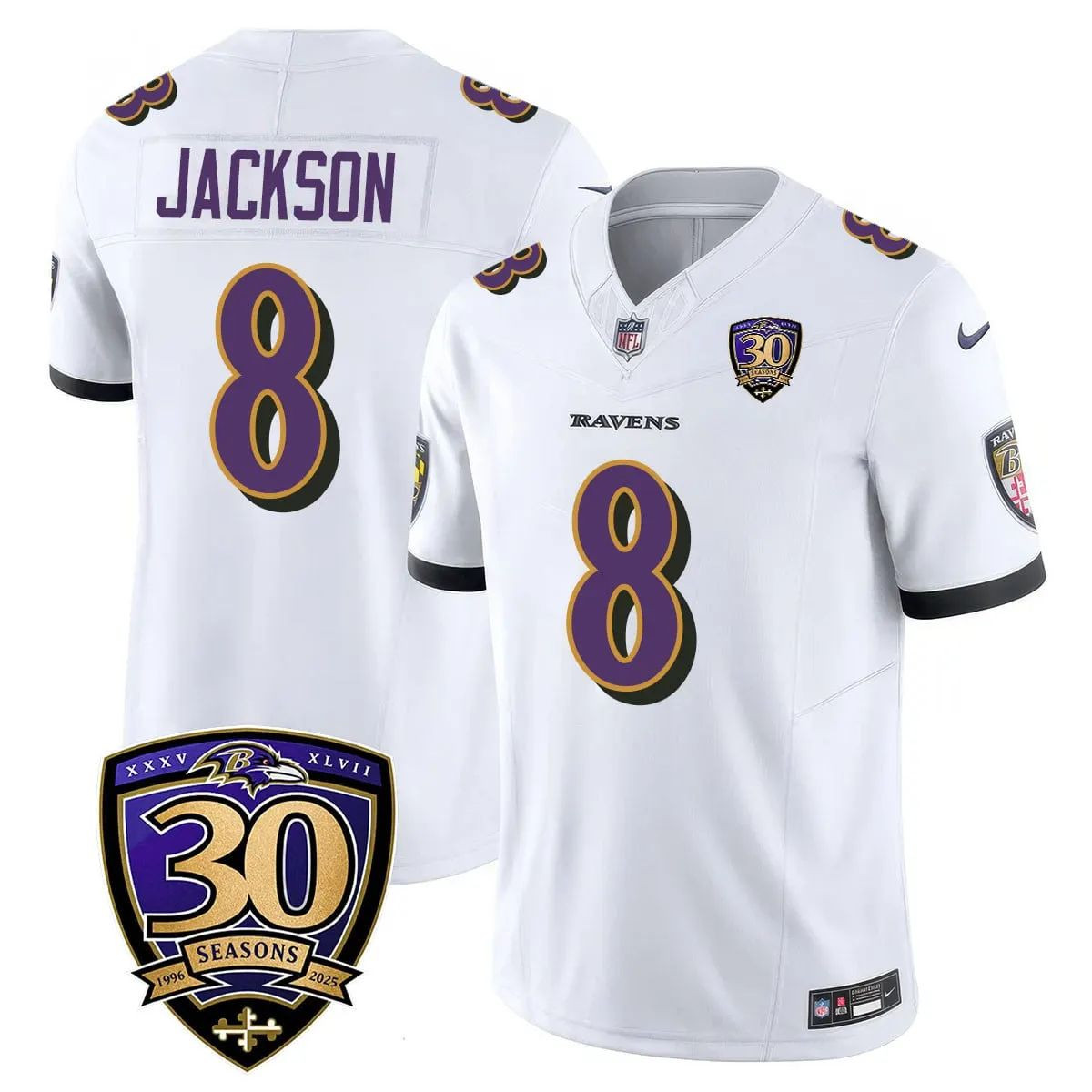 Lamar Jackson #8 Baltimore Ravens 30th Season Limited Jersey - White