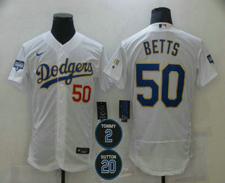 Mookie Betts #50 Los Angeles Dodgers 2 20 Patch Flex Base Sttiched Limited Jersey - White Gold