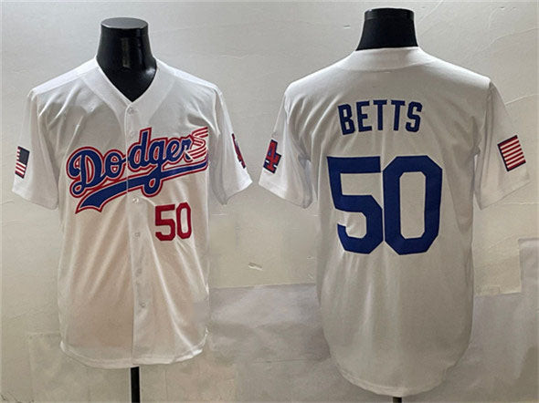 Mookie Betts #50 Los Angeles Dodgers American Flag Patch Limited Stitched Jersey - White
