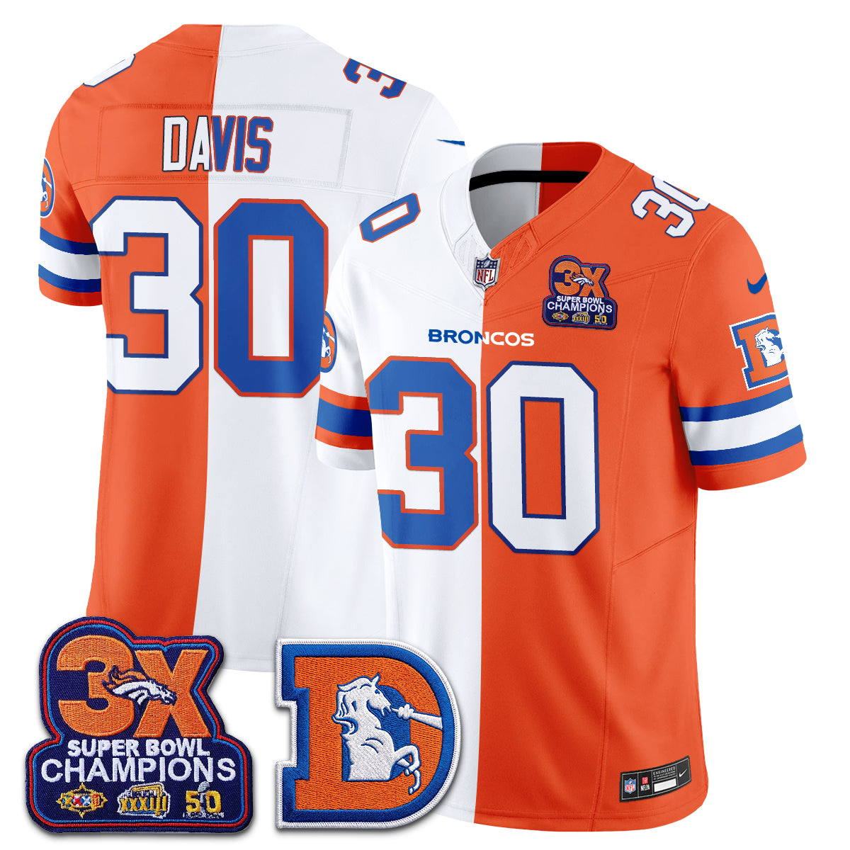 Terrell Davis Denver Broncos Throwback Split Jersey Stitched - White Orange
